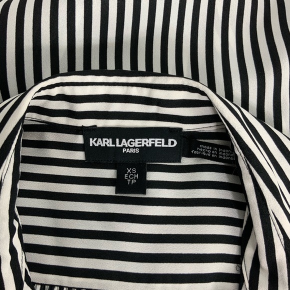 KARL LAGERFELD Paris Sleeveless Black White Vertical Striped Tank Top Ruffle M18 - Picture 8 of 8